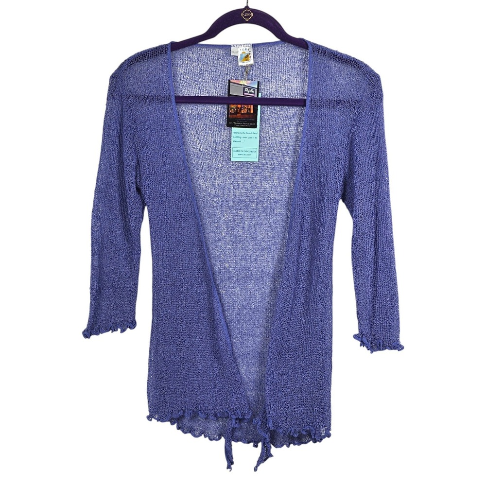 Sea & Sand Purple Open Knit Mesh Cardigan Lettuce Trim Rayon NWT Large Tie Front